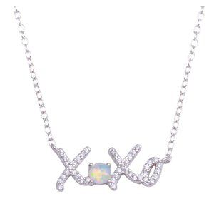 Sterling Silver 925 Rhodium Plated Round XOXO CZ Synthetic Opal Necklace